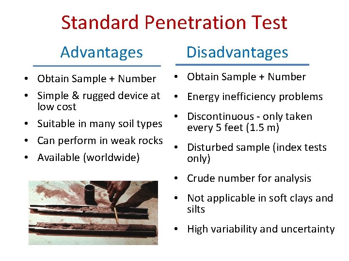 Standard Penetration Test Advantages • Obtain Sample + Number • Simple & rugged device