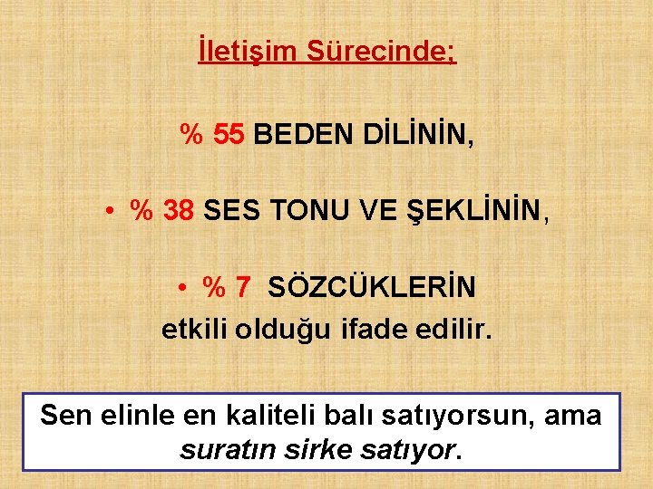 İletişim Sürecinde; % 55 BEDEN DİLİNİN, • % 38 SES TONU VE ŞEKLİNİN, •