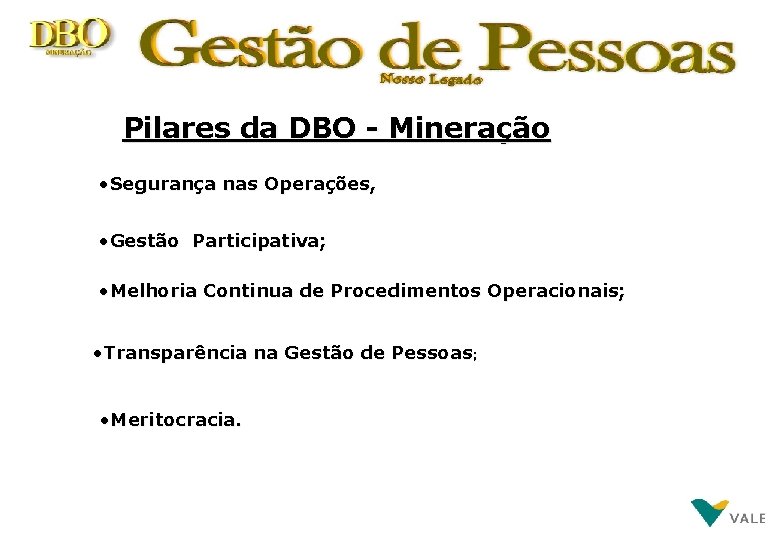 Pilares da DBO - Mineração • Segurança nas Operações, • Gestão Participativa; • Melhoria