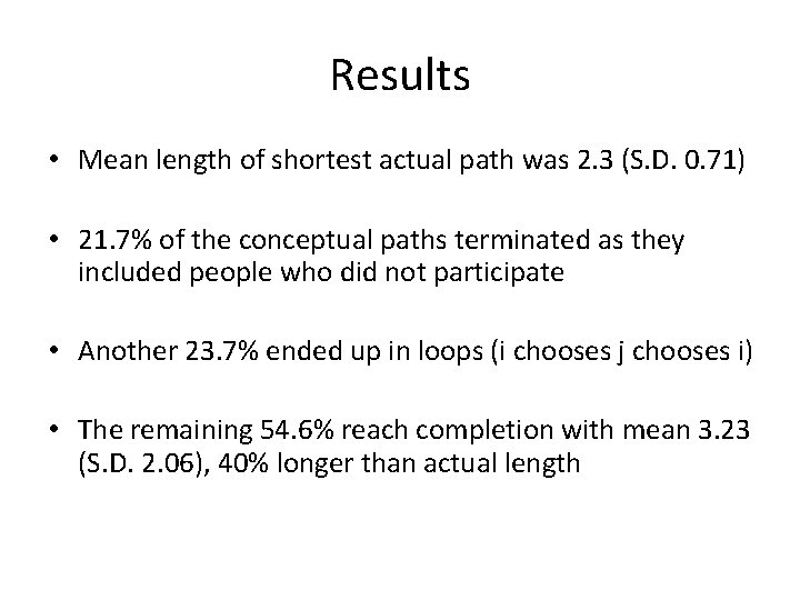 Results • Mean length of shortest actual path was 2. 3 (S. D. 0.