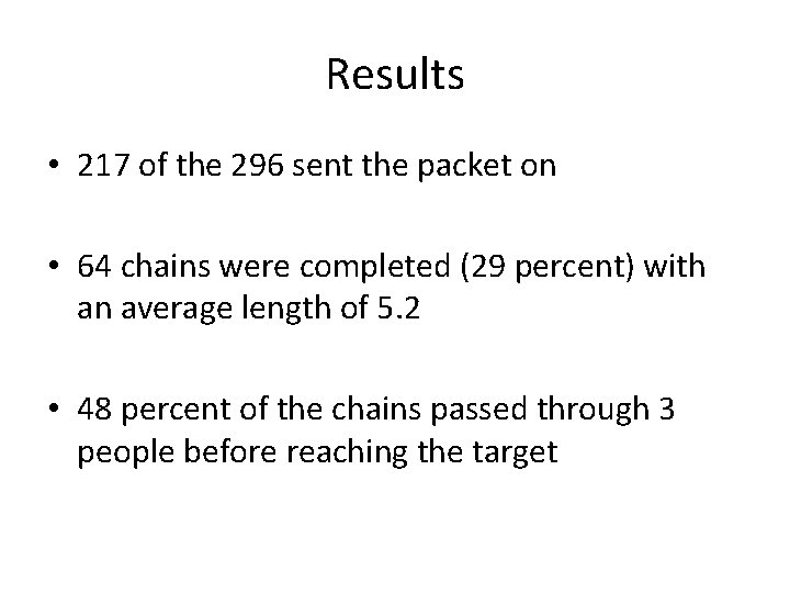 Results • 217 of the 296 sent the packet on • 64 chains were