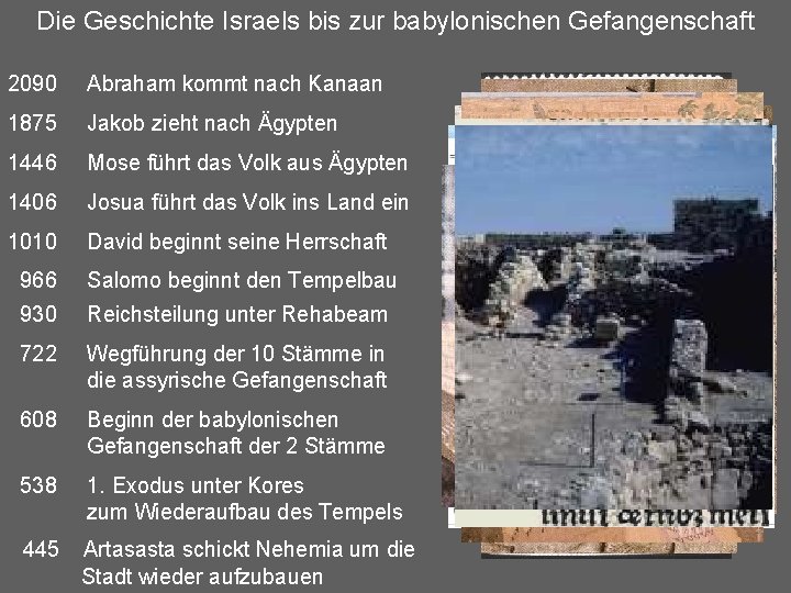 Die Geschichte Israels bis zur babylonischen Gefangenschaft 2090 Abraham kommt nach Kanaan 1875 Jakob