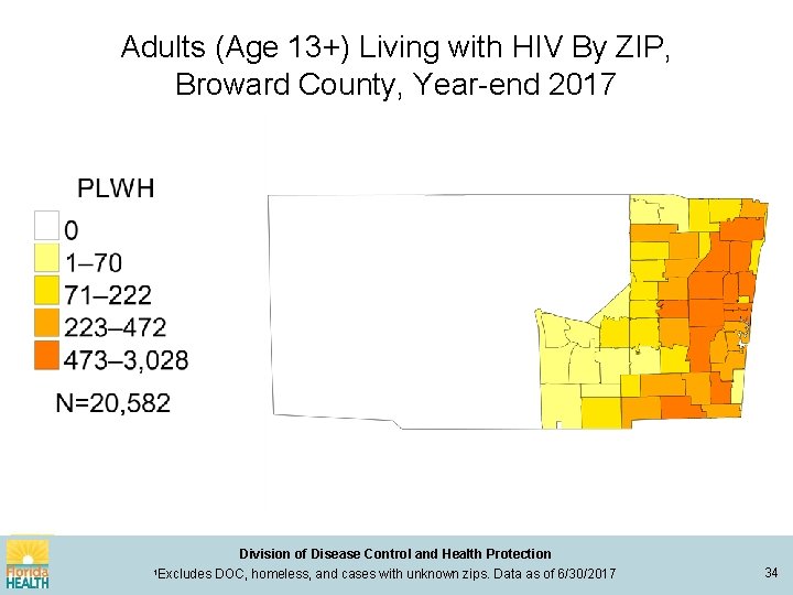 Adults (Age 13+) Living with HIV By ZIP, Broward County, Year-end 2017 Division of