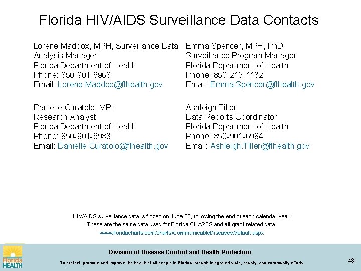 Florida HIV/AIDS Surveillance Data Contacts Lorene Maddox, MPH, Surveillance Data Analysis Manager Florida Department