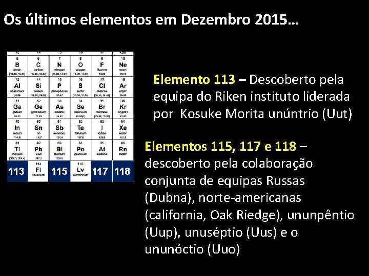 Os últimos elementos em Dezembro 2015… Elemento 113 – Descoberto pela equipa do Riken
