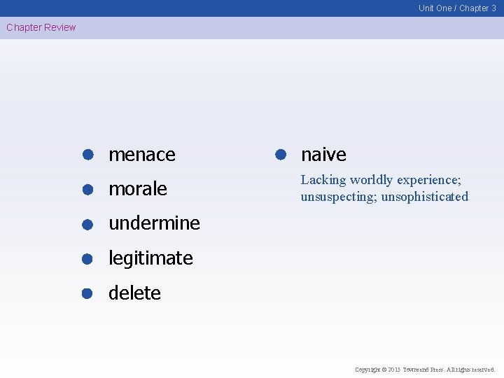 Unit One / Chapter 3 Chapter Review menace naive morale Lacking worldly experience; unsuspecting;