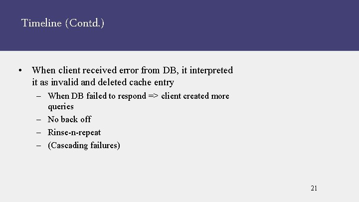 Timeline (Contd. ) • When client received error from DB, it interpreted it as