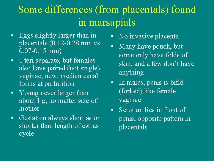 Some differences (from placentals) found in marsupials • Eggs slightly larger than in placentals