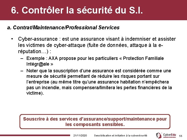 6. Contrôler la sécurité du S. I. a. Contrat/Maintenance/Professional Services • Cyber-assurance : est