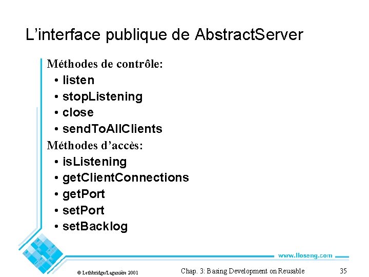 L’interface publique de Abstract. Server Méthodes de contrôle: • listen • stop. Listening •