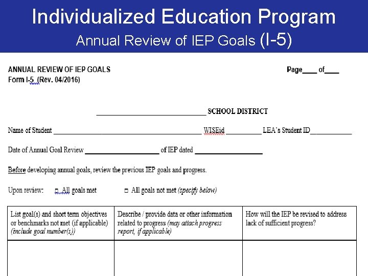 Individualized Education Program Annual Review of IEP Goals (I-5) 111 