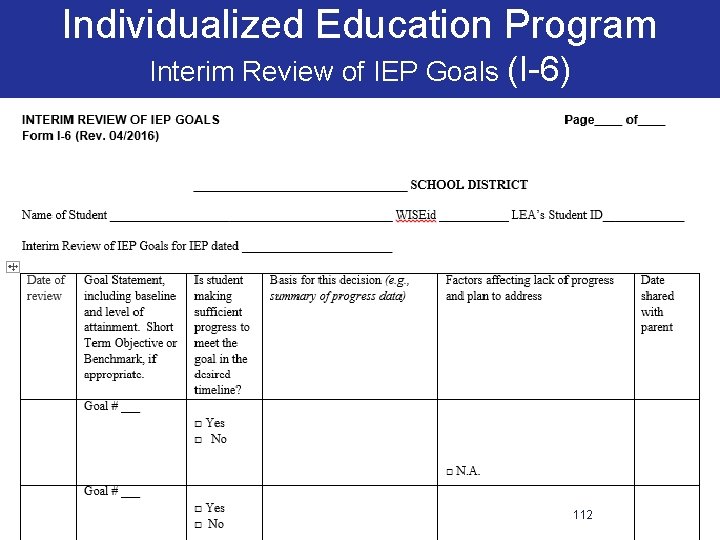 Individualized Education Program Interim Review of IEP Goals (I-6) 112 