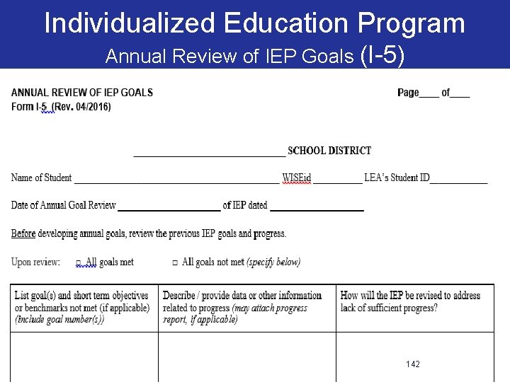 Individualized Education Program Annual Review of IEP Goals (I-5) 142 