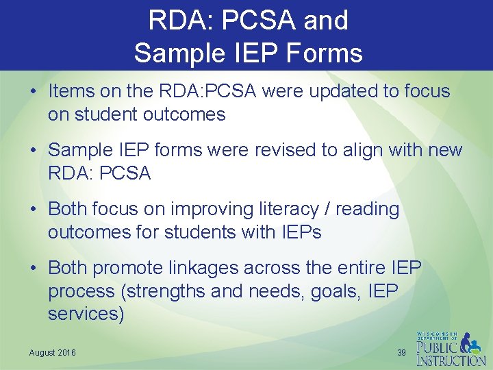 RDA: PCSA and Sample IEP Forms • Items on the RDA: PCSA were updated