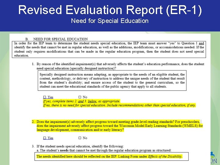 Revised Evaluation Report (ER-1) Need for Special Education 53 