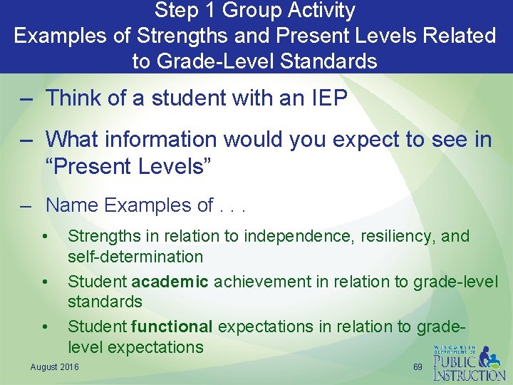 Step 1 Group Activity Examples of Strengths and Present Levels Related to Grade-Level Standards