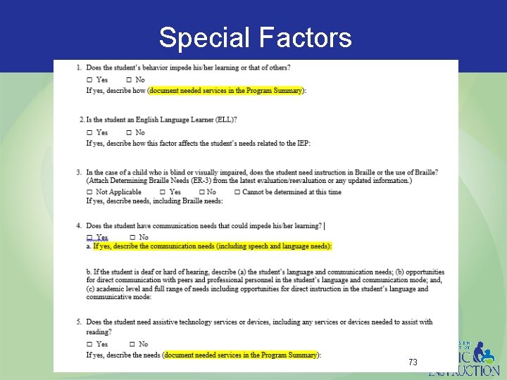 Special Factors 73 