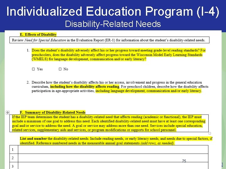 Individualized Education Program (I-4) Disability-Related Needs 75 