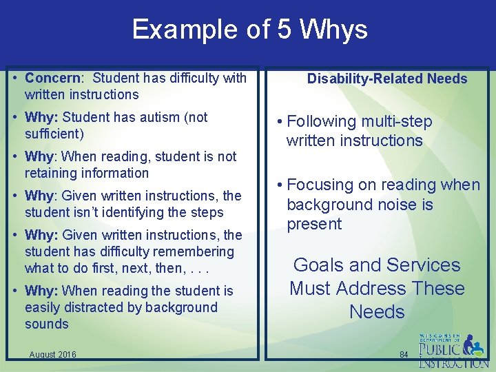 Example of 5 Whys • Concern: Student has difficulty with written instructions • Why: