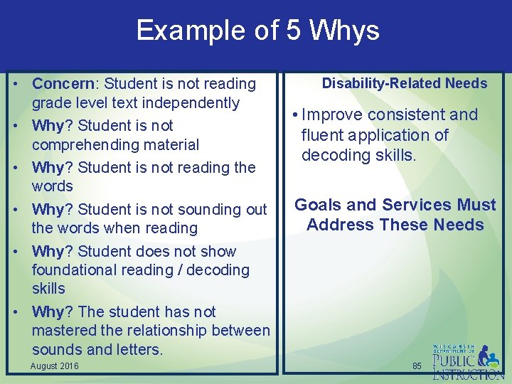 Example of 5 Whys • Concern: Student is not reading grade level text independently