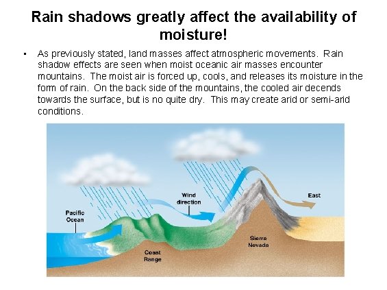 Rain shadows greatly affect the availability of moisture! • As previously stated, land masses