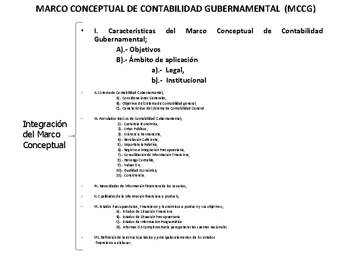 MARCO CONCEPTUAL DE CONTABILIDAD GUBERNAMENTAL (MCCG) Integración del Marco Conceptual • I. Características del