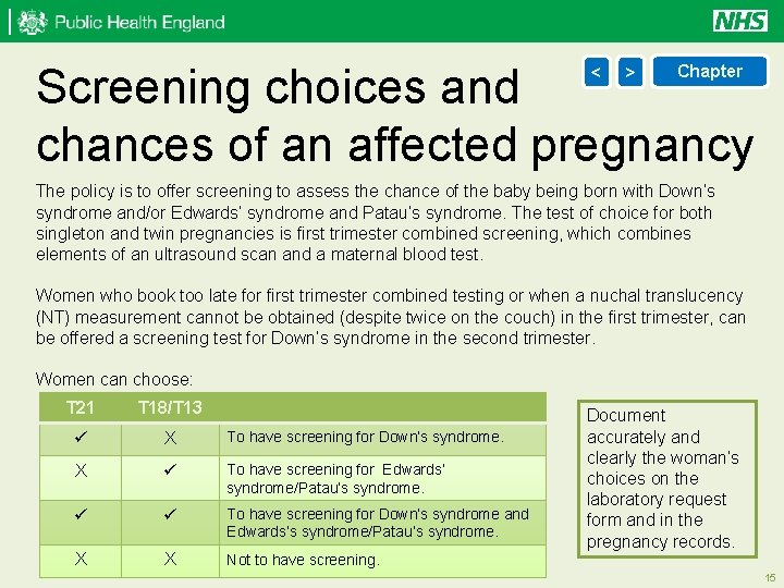 Screening choices and chances of an affected pregnancy < > Chapter The policy is