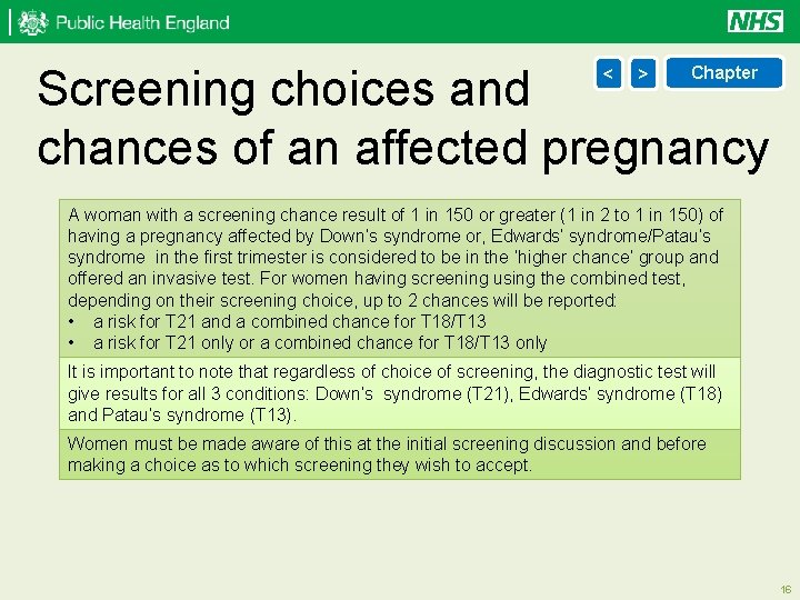 Screening choices and chances of an affected pregnancy < > Chapter A woman with