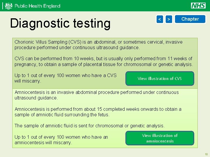 Diagnostic testing < > Chapter Chorionic Villus Sampling (CVS) is an abdominal, or sometimes
