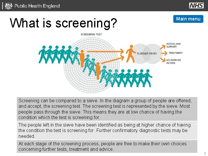 What is screening? Main menu Screening can be compared to a sieve. In the
