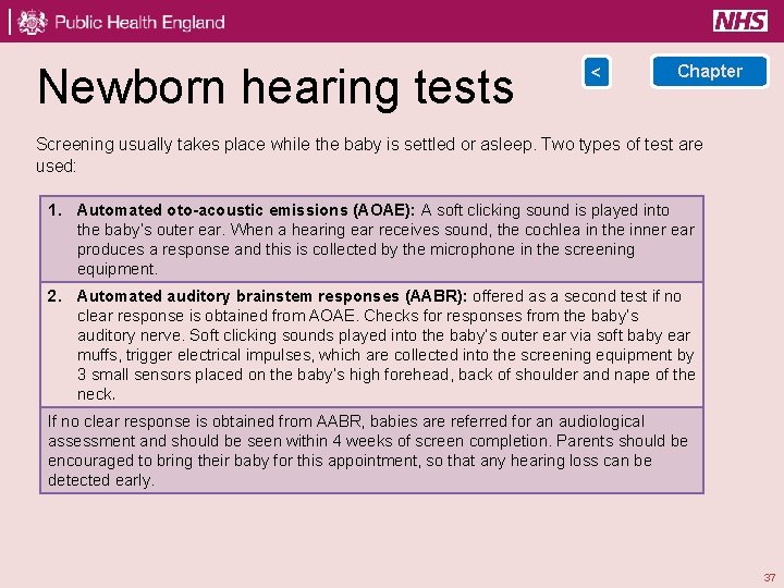 Newborn hearing tests < Chapter Screening usually takes place while the baby is settled