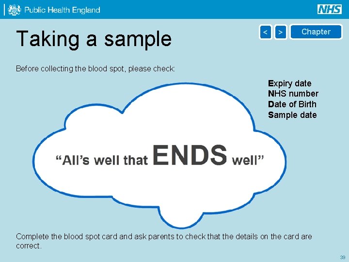 Taking a sample < > Chapter Before collecting the blood spot, please check: Expiry