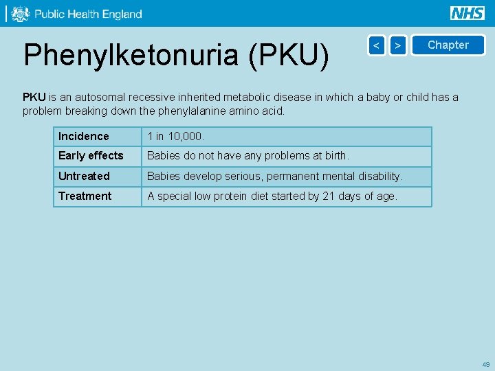 Phenylketonuria (PKU) < > Chapter PKU is an autosomal recessive inherited metabolic disease in