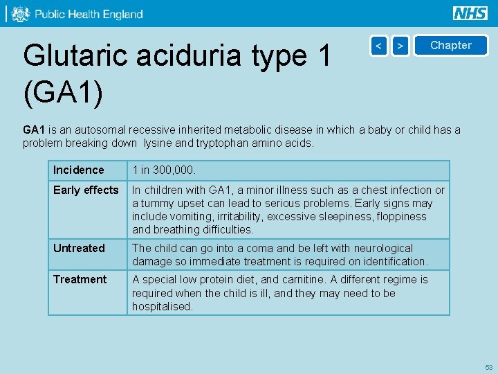 Glutaric aciduria type 1 (GA 1) < > Chapter GA 1 is an autosomal