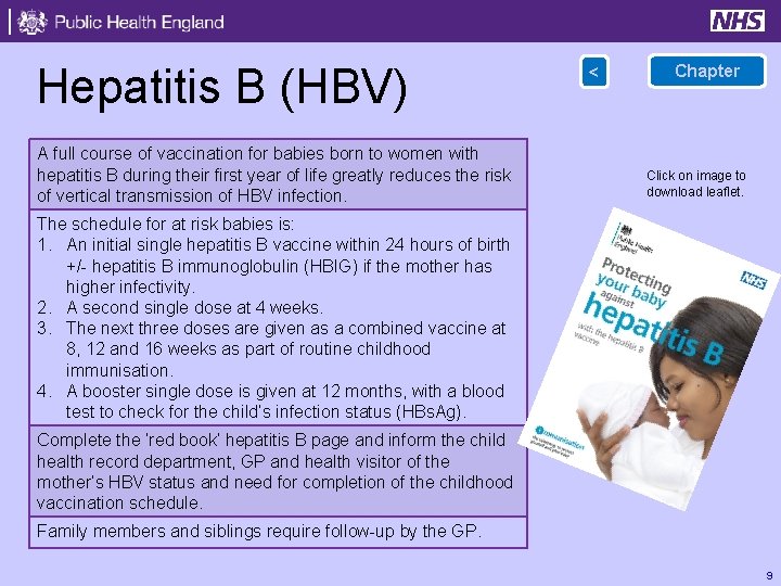 Hepatitis B (HBV) A full course of vaccination for babies born to women with