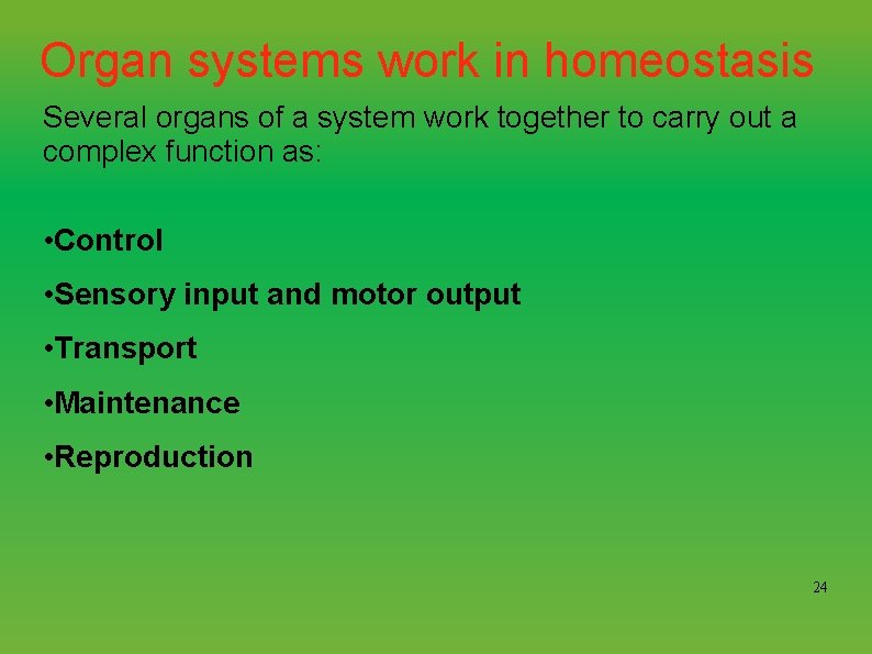 Organ systems work in homeostasis Several organs of a system work together to carry