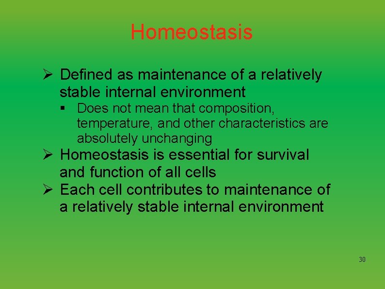 Homeostasis Ø Defined as maintenance of a relatively stable internal environment § Does not