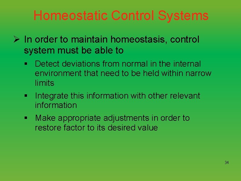 Homeostatic Control Systems Ø In order to maintain homeostasis, control system must be able