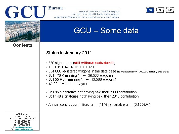 EN FR DE GCU – Some data Contents Status in January 2011 • 660