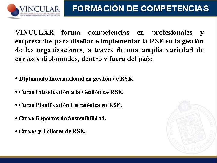 FORMACIÓN DE COMPETENCIAS VINCULAR forma competencias en profesionales y empresarios para diseñar e implementar