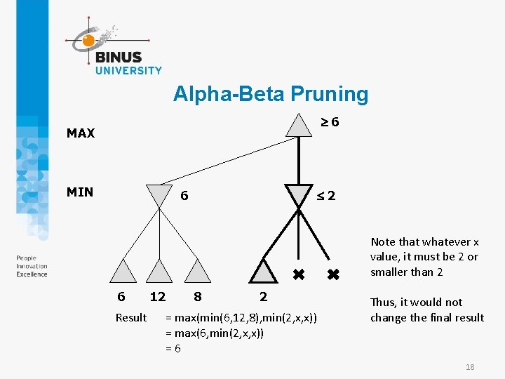 Alpha-Beta Pruning 6 MAX MIN 2 6 Note that whatever x value, it must