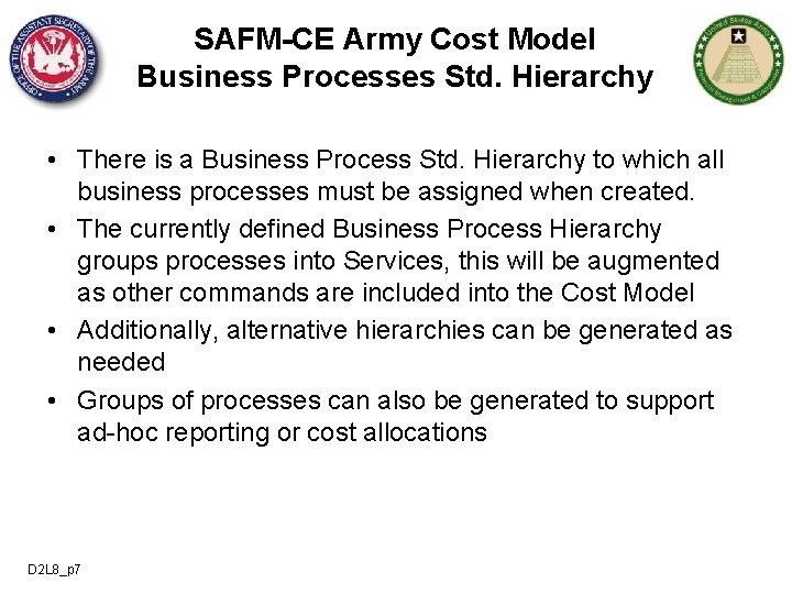 SAFM-CE Army Cost Model Business Processes Std. Hierarchy • There is a Business Process