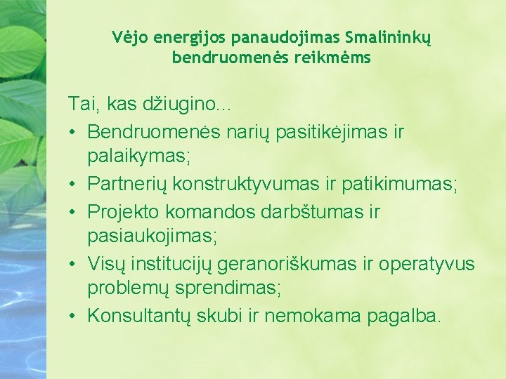 Vėjo energijos panaudojimas Smalininkų bendruomenės reikmėms Tai, kas džiugino. . . • Bendruomenės narių