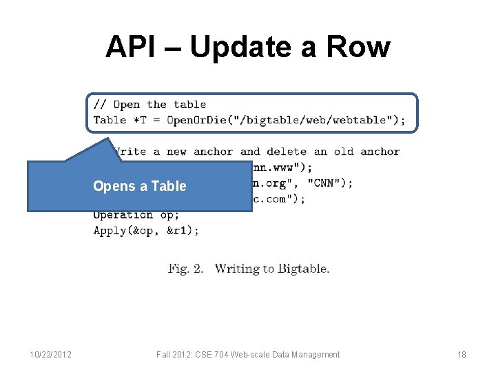 API – Update a Row Opens a Table 10/22/2012 Fall 2012: CSE 704 Web-scale