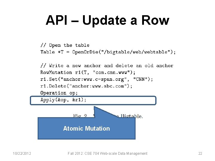 API – Update a Row Atomic Mutation 10/22/2012 Fall 2012: CSE 704 Web-scale Data