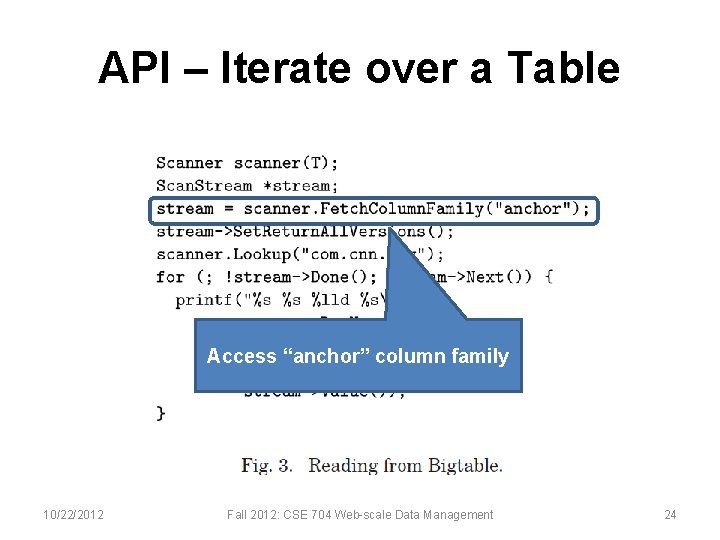 API – Iterate over a Table Access “anchor” column family 10/22/2012 Fall 2012: CSE