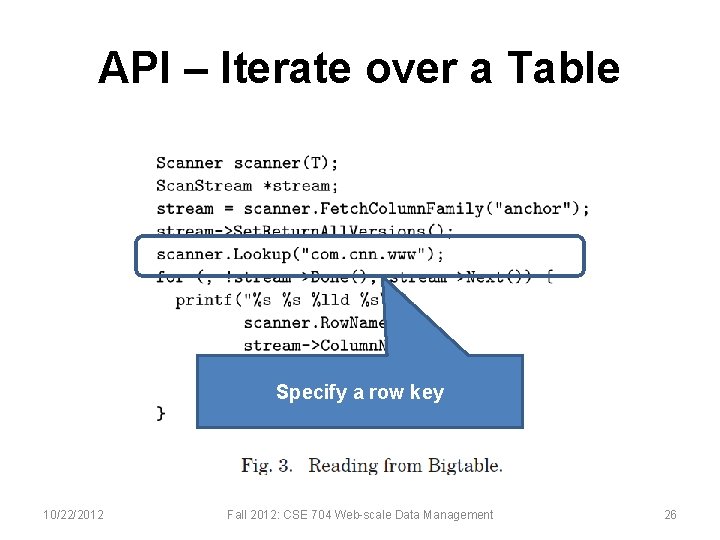 API – Iterate over a Table Specify a row key 10/22/2012 Fall 2012: CSE