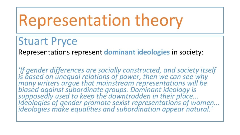 Representation theory Stuart Pryce Representations represent dominant ideologies in society: 'If gender differences are