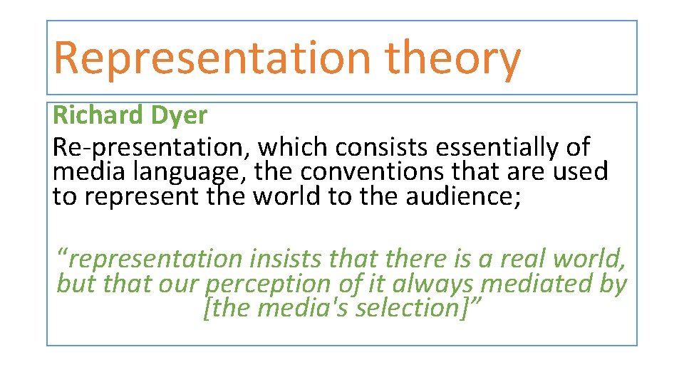 Representation theory Richard Dyer Re-presentation, which consists essentially of media language, the conventions that