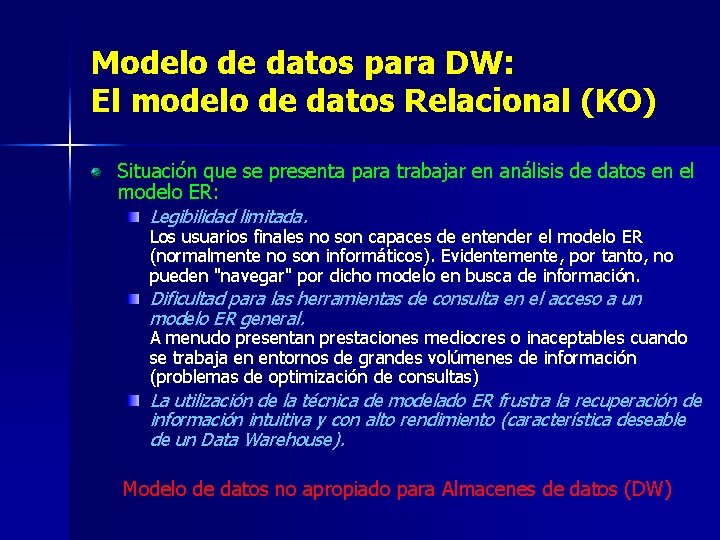 Modelo de datos para DW: El modelo de datos Relacional (KO) Situación que se